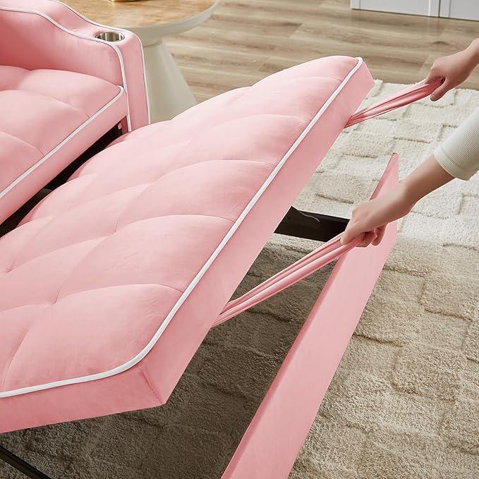 SLEERWAY 3-in-1 Convertible Futon Sofa Bed Chair Multi-Functional Sleeper Chair Bed with Pull Out Couch and Adjustable Backrest Modern Velvet Chaise Lounge Loveseat for Living Room Bedroom Pink