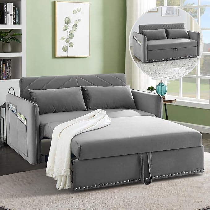 Pull Out Couch with USB Port Loveseat Sleeper Sofa Bed Nailhead Trim Design with 2 Pillows &amp Side Storage Pockets 3 in 1 Velvet Sofa Adjustable Backrest Resilient Sponge Cushions Grey