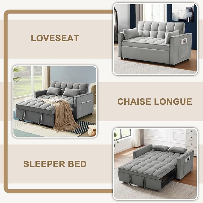 55'' 3-in-1 Sleeper Loveseat 2-Seater Pull Out Couch Velvet Futon Sofa Adjustable Backrest Reclining Sofa Bed with Pillows Pockets Perfect for Small Spaces Living Room Furniture Grey