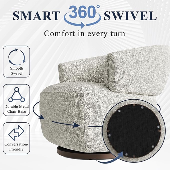 RoyalCraft Swivel Accent Chair Fully Assembled Round Barrel Chairs Oversized Upholstered Armchair with 360-Degree Base Modern Club Chair for Living Room Bedroom Office Griege