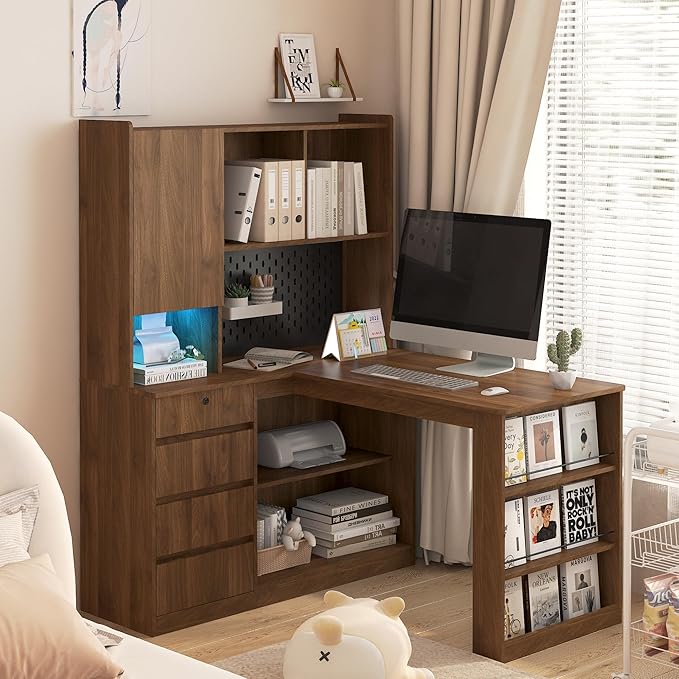 46 L Shaped Computer Desk with Hutch &amp Bookshelf Corner Office Desk Students Writing Table w/ 4 Drawers &amp Power Outlet Gaming Computer Desk with LED Light for Home (Wood1)