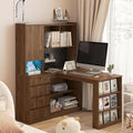 46 L Shaped Computer Desk with Hutch &amp Bookshelf Corner Office Desk Students Writing Table w/ 4 Drawers &amp Power Outlet Gaming Computer Desk with LED Light for Home (Wood1)