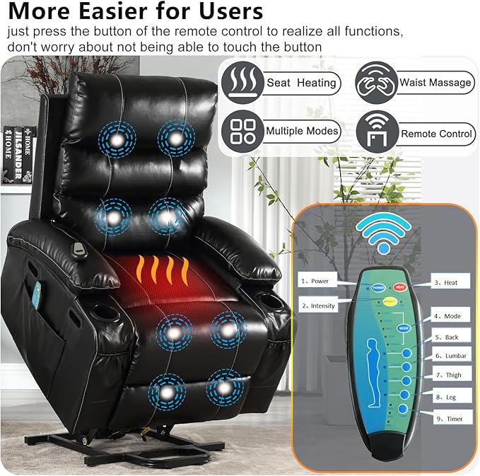 Faux Leather Electric Recliner Lift Chair with Massage and Heat for Elderly Adult Power Lift Recliners Chairs with Cupholders Side Pockets for Living Room Bedroom Lounge