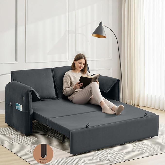 63 Velvet 3 in 1 Convertible Sleeper Sofa Bed Pull Out Couch Bed Loveseat with Adjustable Backrest Chaise Lounge USB Port &amp Side Pocket Modern Sofa for Living Room Small Spaces Dark Gray