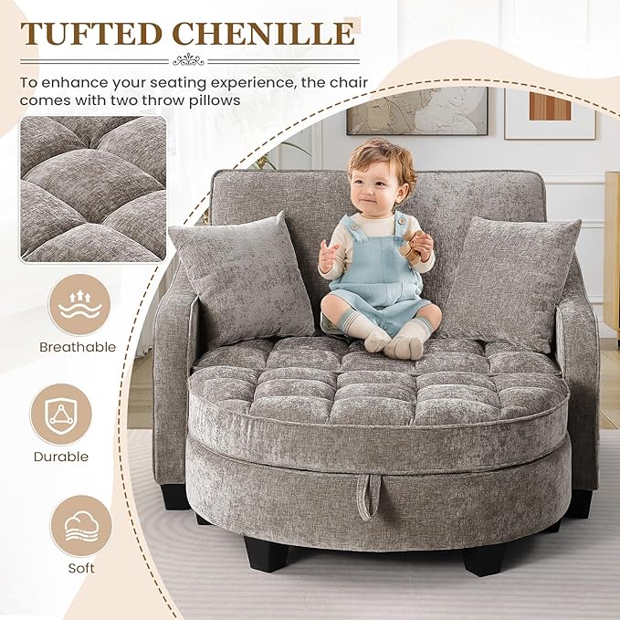 Oversized Chair and A Half Chenille Tufting Accent Cozy Reading Sofa Chair with Storage Ottoman Upholstered Loveseat Chaise Lounge Sofa with Adjustable Back for Living Room Office Sunroom Brown