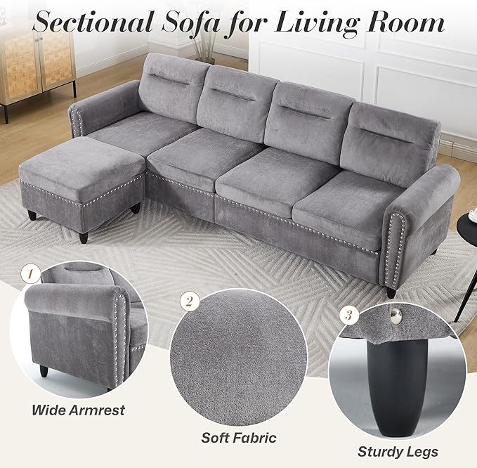 ABET 106 Inch Modular L-Shaped Sectional Couch with Ottoman 4 Deep Seat Convertible Sofa with Ottoman Nailhead Decor Comfy Upholstered Large Cushion for Living Room Bedroom Apartment Grey