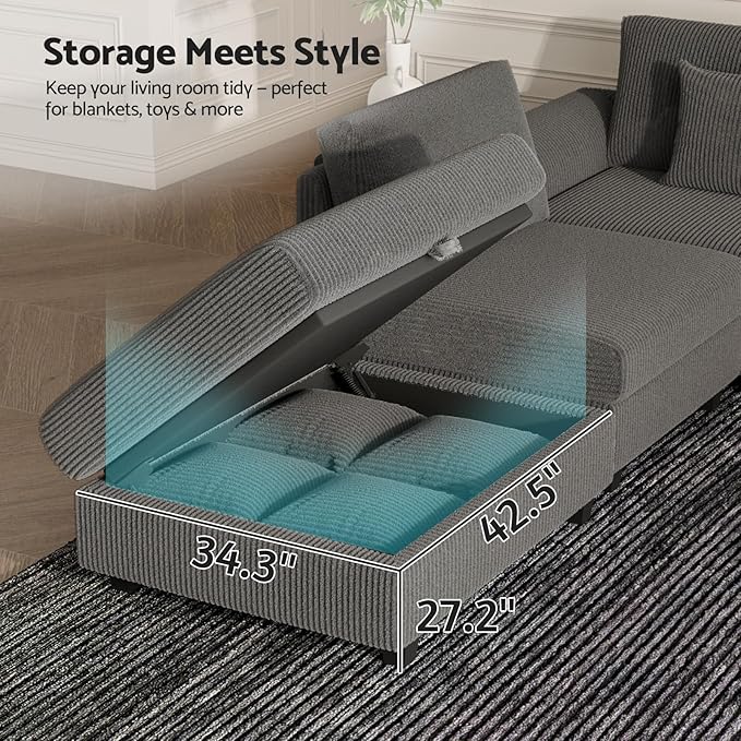Oversized Modular Sectional Sofa with Storage Modern Sleeper Sofa Extra Deep Seat Comfy Corduroy Cloud Couch with Ottoman and 5 Pillows for Living Room (U Shape Sectional with Storage Grey)