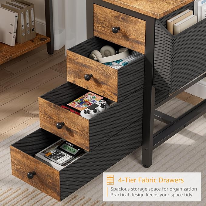 DLisiting L Shaped Computer Desk with Drawers - 47 Inch Corner Office Reversible Desk with Storage Shelves Power Outlet Home Office Desks L-Shaped with Fabric Drawer for Teen Girls Rustic Brown