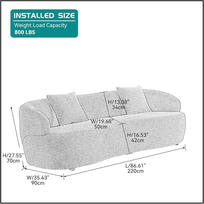 Curved Sofa Couch 86.6 3-Seater Modern Boucle Sectional Couch Comfy Cloud Upholstered 3 Seat Leisure Cushion Sofa with Pillows for Living Room Bedroom Office ApartmentOrange