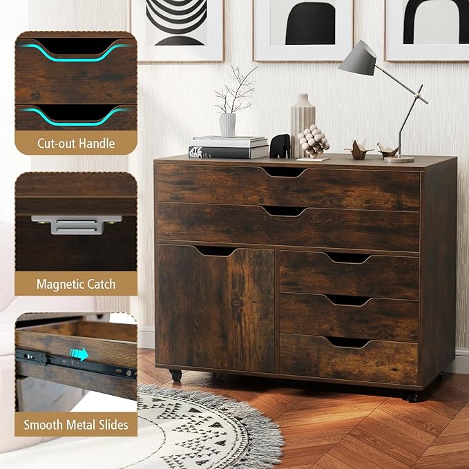 MAT EXPERT 5-Drawer Mobile File Cabinet w/Door Lateral Filing Cabinet w/5 Universal Wheels Rolling File Cabinets with Storage Modern Wood Printer Stand for Home Office Living Room (Rustic Brown)