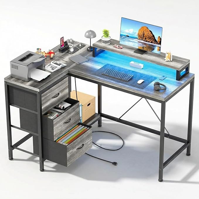 41 Inch Computer Desk with 3 Drawers LED Lights &amp Power Outlets Gaming Desk with USB Charging Station Home Office Desk with Monitor Stand and Cationic Fabric Drawers