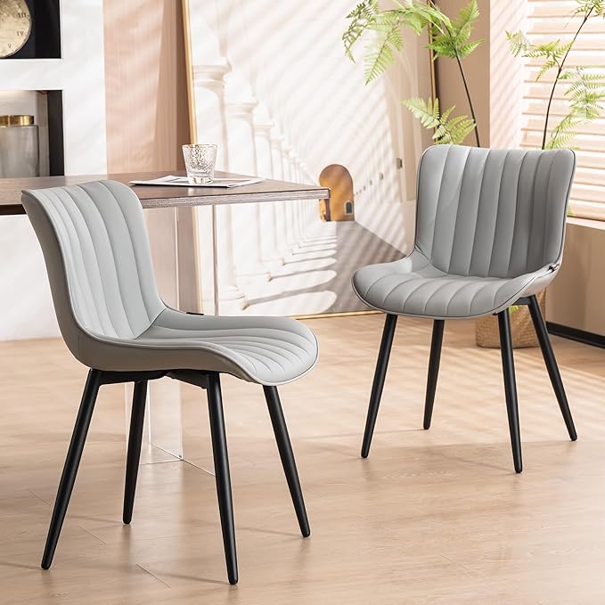 YOUNUOKE Mid-Century Modern Dining Chairs Set of 2 Grey PU Leather Upholstered Kitchen Chairs with Black Metal Legs Armless Accent Chair for Dining Room Guest Reception Room
