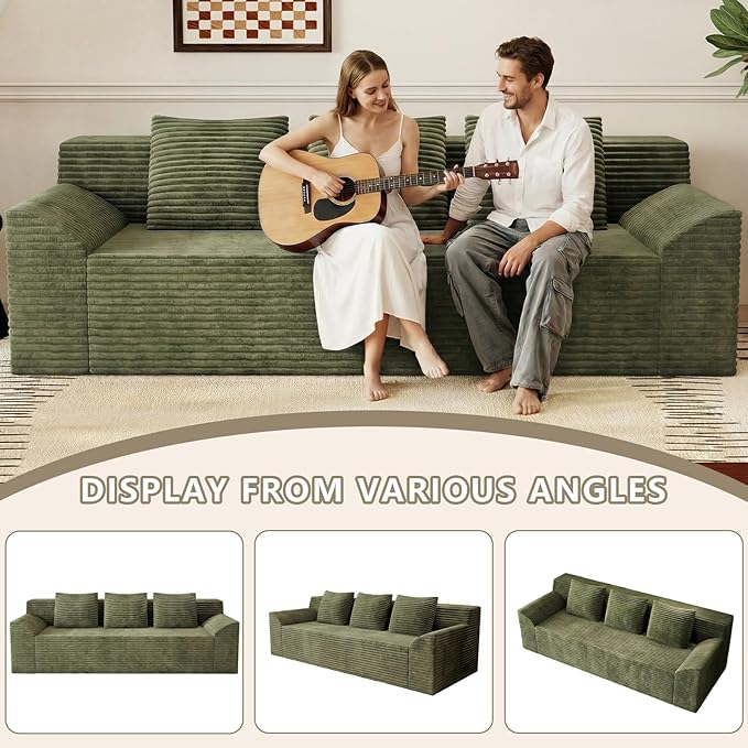 71 Love Seat Couches Corduroy Boneless Loveseat with Deep Seats 2 Seat Couch Apartment Size Couch with 3 Pillows&ampSide Pockets for Bedroom Office No Assembly Required Green