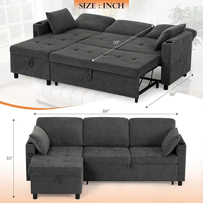 84 Fabric Sleeper Sofa Bed w/Adjustable Backrests L-Shaped Sectional Sofa Bed w/USB Port &amp Thickened Cushions Convertible Pull Out Couch Bed w/Storage Bags for Living Room Grey