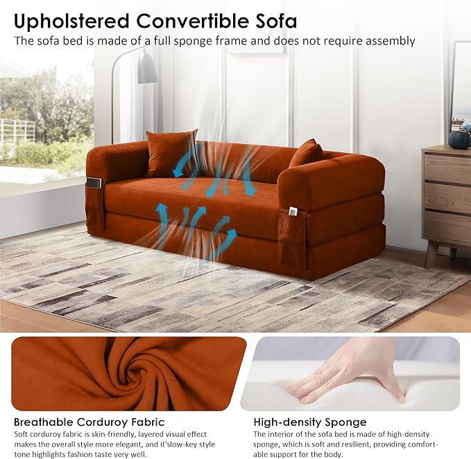 80 Convertible Sofa Bed 3-in-1 Corduroy Folding Pull Out Couch with Pillows No Assembly Modern Boneless Couch Compression Sofa in Box Floor Sofa with Side Storage Pocket for Living Room Orange