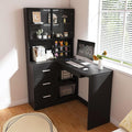 43.3 L Shaped Executive Desk with Hutch and Drawers Farmhouse Home Office Desk with USB Charging Ports Wood Computer Desk for Work and Study Black