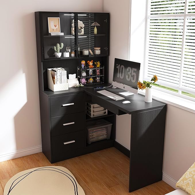 43.3 L Shaped Executive Desk with Hutch and Drawers Farmhouse Home Office Desk with USB Charging Ports Wood Computer Desk for Work and Study Black