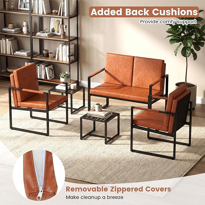 Giantex Modern Loveseat Sofa 2-Seater Sofa with Solid Metal Frame &amp Removable Back Cushions Spacious Seat &amp Supportive Armrests Indoor Couch for Living Room Bedroom Office (Brown)