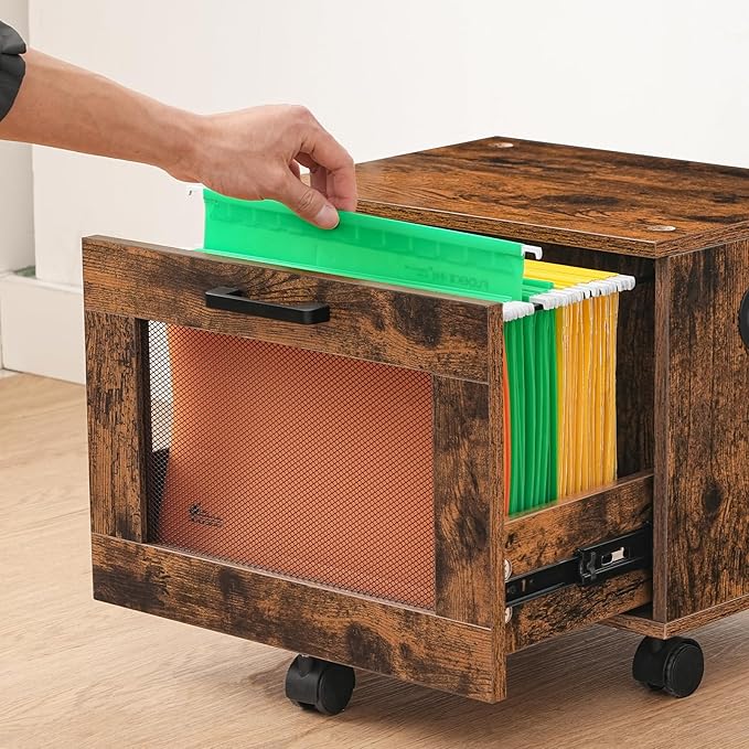 HOOBRO File Cabinet Rolling File Cart Under Desk Small Filing Cabinet File Organizer Box Home Office File Basket with Drawer for A4 Letter Files Rustic Brown and Black BF11WJ01G1