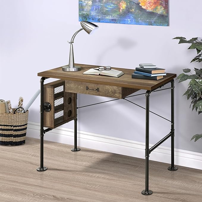 Rectangular Weathered Oak and Black 1-Drawer Writing Work Study Desk 3 Shelves Metal Leg for Home Office