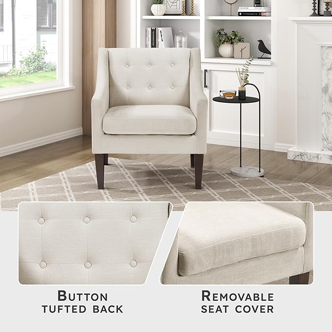 Lexicon Living Room Accent Chair Textured Fabric Upholstered Arm Chair with Button Tufted Back Sloped Arms and Wooden Legs Beige