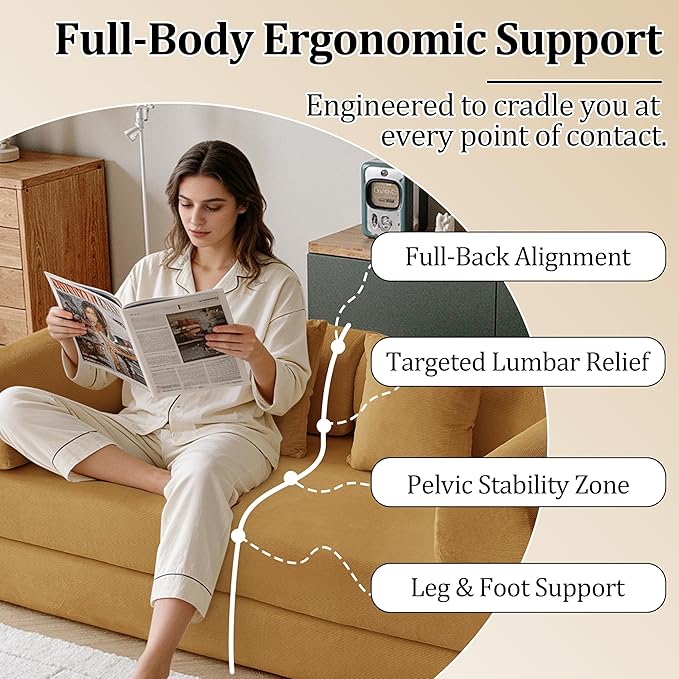 87'' Convertible Compressed Corduroy Folding Cloud Sofa Bed Modern Modular Boneless Pull Out 3 Seater Sleeper in a Box 5 in 1 Foldable Floor Mattress Couch No Assembly Need Yellow Pillows King