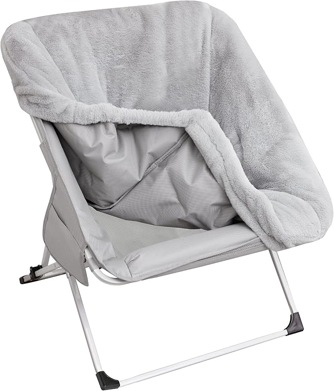 SUNNYFEEL Comfy Folding Saucer Chair for All SeasonsRemoval Faux Fur Soft Chair for AdultsReading Chair for Living Room Bedroom Dorm Metal Frame Moon Chair(Grey)