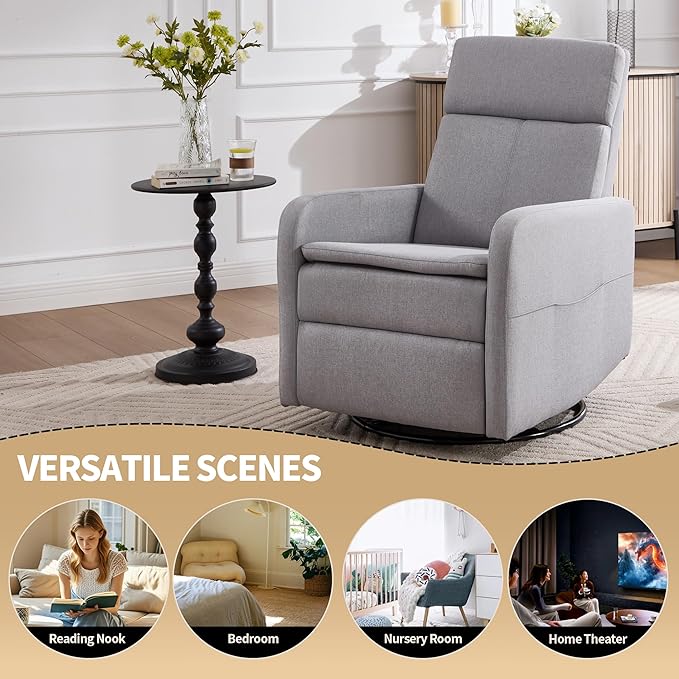 Swivel Rocking Recliner Chair for Adults Upholstered Fabric Glider Recliner Reclining Chair with Side Pockets and Double-Thick Cushion for Living Room Bedroom Nursery(LightGrey)