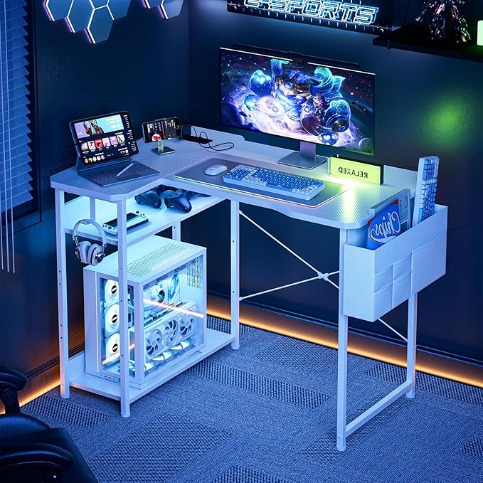 L Shaped Gaming Desk 48 Inch - Computer Corner Desk with Power Outlets Reversible Shelves &amp Storage Bag for Home Office PC Gaming Table White Carbon