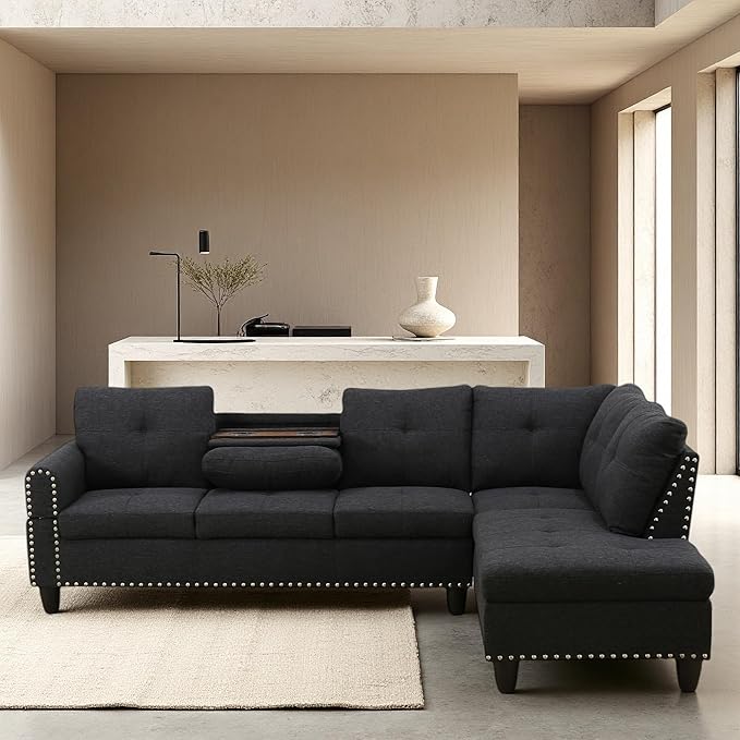 Sectional Couches for Living Room Convertible 4 Seat Modular Sectional Sofa Set for Living Room L Shaped Couch Modern Sofas for Apartment/Office Dark Grey