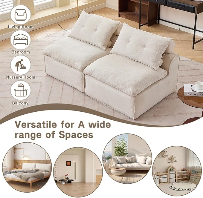 2 Seats Modular Sectional Couches with Neck Pillow &amp Backrest Chenille Armless Upholstered Loveseat Sofa Chair for Living Room Apartment At Will DIY (Beige)