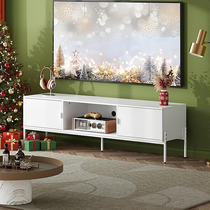 WLIVE TV Stand for 65 Inch TV Mid Century Modern Entainment Center with 2 Storage Cabinets &amp Open Shelf TV Console Table Media with Metal Legs for Living Room Bedroom White