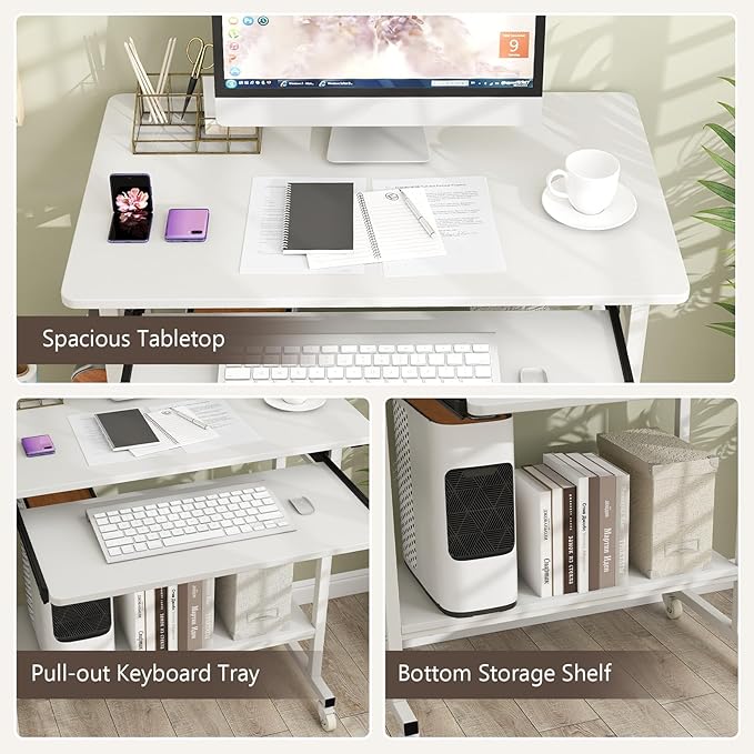 Tangkula Rolling Computer Desk Cart with Keyboard Tray Mobile Portable Laptop PC Desk with CPU Stand &amp 3 Hooks for Sofa &amp Bed Compact Small Desk on Wheels for Small Spaces (White)