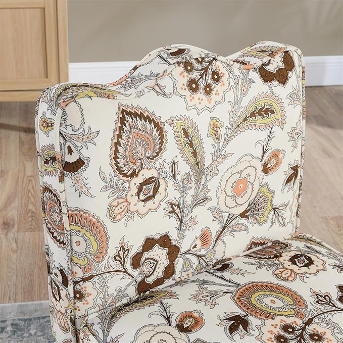 Polibi Retro Single Chair with Flower Pattern and Wave-Shape Edge Flannel Upholstered Armless Sofa Chair with Seat Cushion and Pillow for Living Room Bedroom Brown Flower
