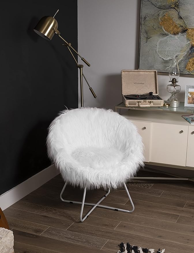 BIRDROCK HOME Papasan Chair with Silver Legs - Oversized Comfy Cushion for Indoor Lounge Bedroom Dorm or Living Room - Cozy Fuzzy Seat - Metal Frame - Large Circle Lounge Chair Patio Chair - White