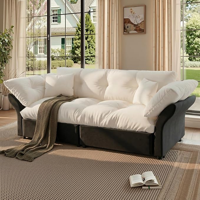 74.8 Queen Pull Out Couch BedVelvet Convertible Pull-Out Sofa Bed with Side Pockets3-in-1 Queen-Size Sleeper SofaSleeper Loveseat for Living RoomApartment Offices (Beige/White)