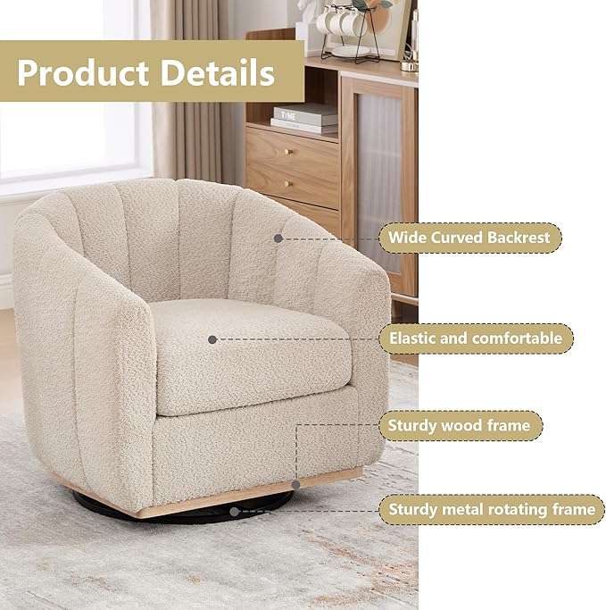Beige Swivel Accent Chair32.3 Swivel Chair with Wide Curved BackrestThickened Upholstered Accent ChairChenille ArmchairModern Single Sofa Chair for Living Room