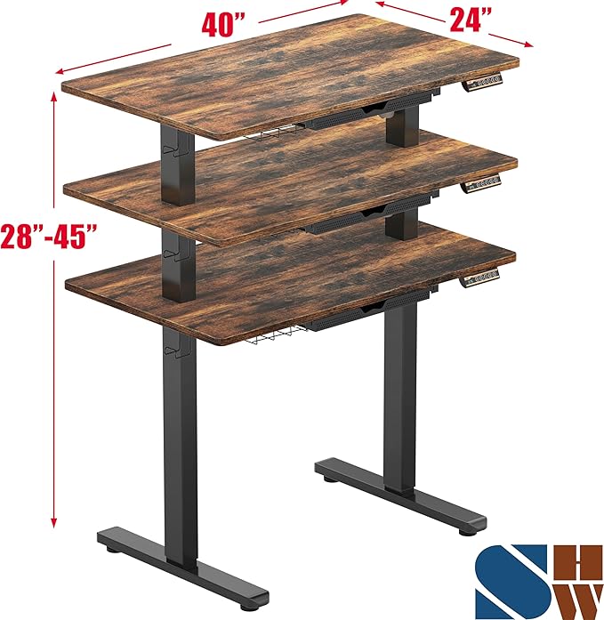 SHW 40-Inch Electric Height Adjustable Standing Desk with Drawer Memory Preset and Cable Management Tray Rustic Brown