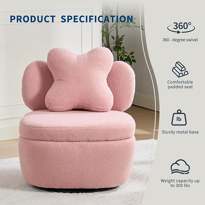 360° Swivel Accent Chair with Storage Compartment – Teddy Velvet Upholstered Armchair with Ergonomic Cushion Scratch-Resistant Fabric 300 lbs Capacity for Living Room Bedroom &amp Nursery Pink