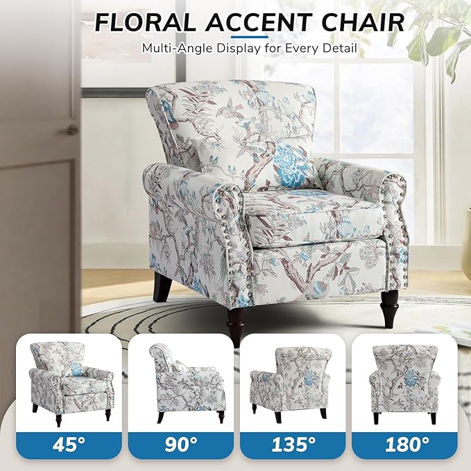 Floral Accent Chair with Lumbar Pillow Retro Wingback Armchair with Nailhead Trim &amp Rolled Arms Modern Linen Fabric Upholstered Recliner for Living Room Bedroom Reading Chair Easy Assembly