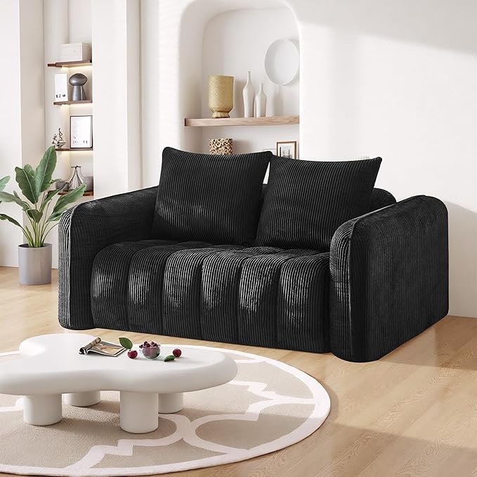 66 Loveseat Sofa Cloud Boneless Couch for Living Room Upholstered Compressed Sofa Deep Seat Corduroy Sofa with 2 Pillows &amp Armrests for Small Spaces for Bedroom Apartment Office Black