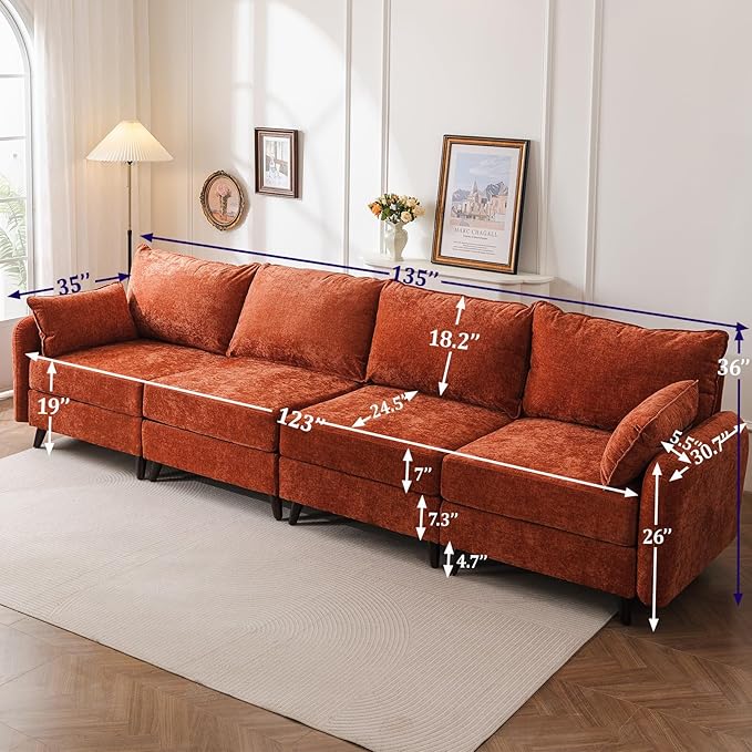 135'' Modular Sectional Sofa with All Seats StorageOversized 4-Seater Comfy Cloud Couches with Deep SeatBig Couch for Living RoomBedroomVeletOrange