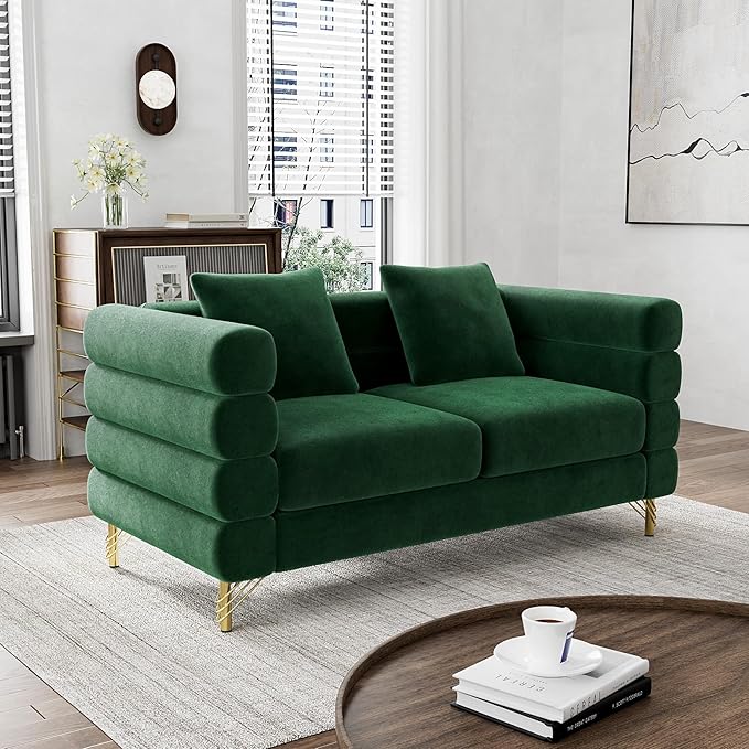 Cloud Couch for Living Room 59 Modern Overstuffed Deep Seat Velvet Loveseat Sofa with 2 Pillows Comfy Upholstered 2 Seater Love Seat for Bedroom Office Emerald Green Velvet
