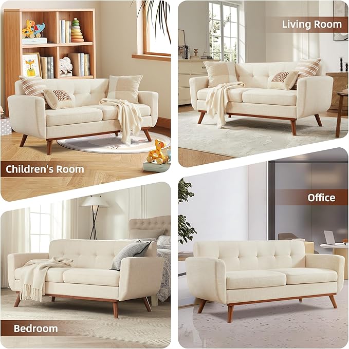Kingfun Loveseat and Sofa Sets Mid Century Modern Linen Love Seat Couches for Living Room Button Tufted Upholstered Furniture Easy to Install Small Couch for Bedroom Office Apartment Beige