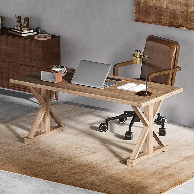 homary 70.9 Solid Wood Executive Desk Rustic Farmhouse Home Office Desk with X-Trestle Base Large Writing &amp Computer Table for Home Office Study or Dining Space