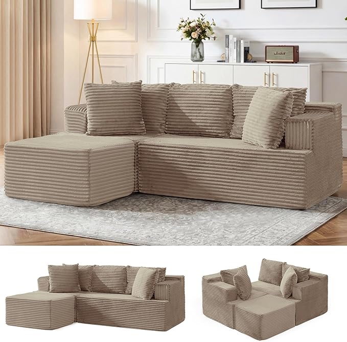 80 Cloud Modular Sectional Sofa with L-Shaped Boneless Couches for Living Room Fluffy Comfy Corduroy Deep Seat with Ottoman Bedroom Apartment No Assembly Required