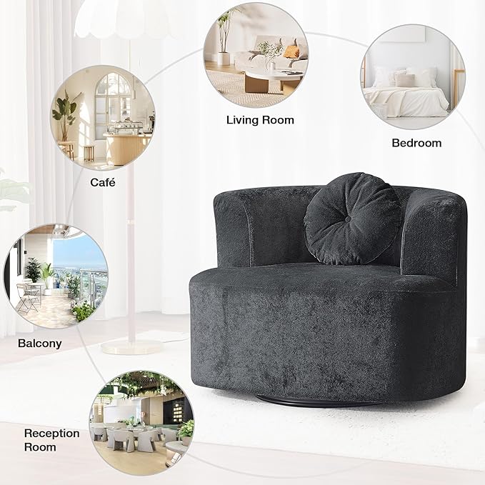 MELLCOM Oversized Swivel Accent Chair Modern Curved Back Single Sofa Chair Comfy All-Foam Compression Upholstered Round Armchair with PillowCozy Chenille Barrel Chair for Living RoomBedroom(Grey)
