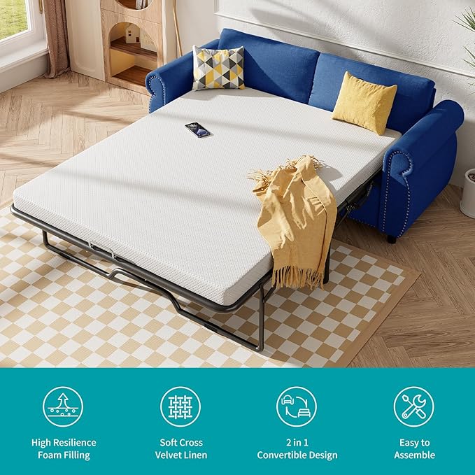 BALUS Pull Out Sofa Bed 2-in-1 Sleeper Sofas Convertible Couch Bed with Nailhead Armrests &amp Memory Foam Mattress Linen Pullout Sofa Beds with Thickened Cushions for Living Room Blue Full Size