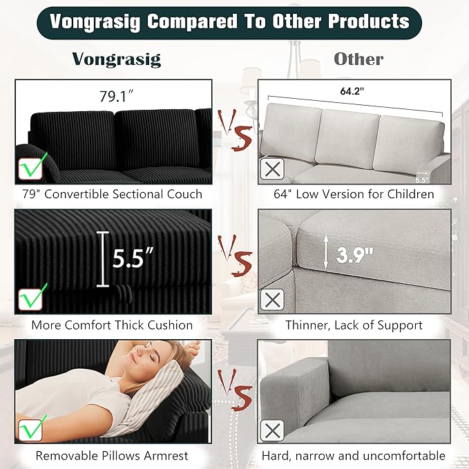 Vongrasig 79 Convertible Sectional Couch Sofa with Storage Ottoman 3 Seat L Shaped Couch with Side Storage Pockage Small Couches for Living Room Apartment and Small Space Black