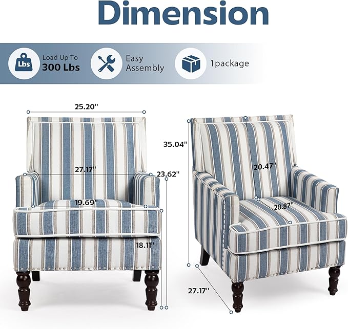 Blue Striped Accent Chair for Living Room Bedroom - Comfy Cotton Linen Reading Chair Coastal Nautical Armchair with Solid Wood Legs Easy Assembly (Striped Blue)